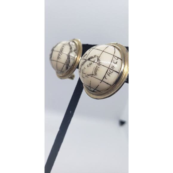 Vintage Earrings Clip 60s World Globe Travel Earth Souvenir Signed Marvella - Picture 6 of 10